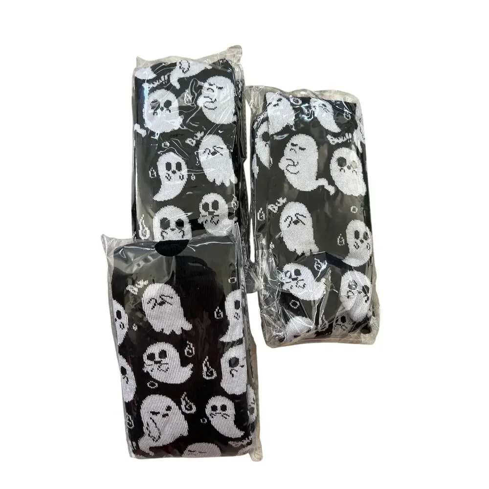 Ghost Socks 3 Pair Unisex Lot Black White Halloween Spooky Goth Tall Socks